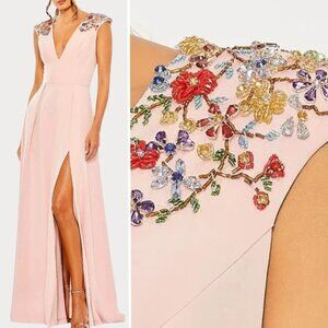 Mac Duggal 26540 Size‎ 2 Rose Pink Floral Beaded V Neck A Line Gown Maxi Dress